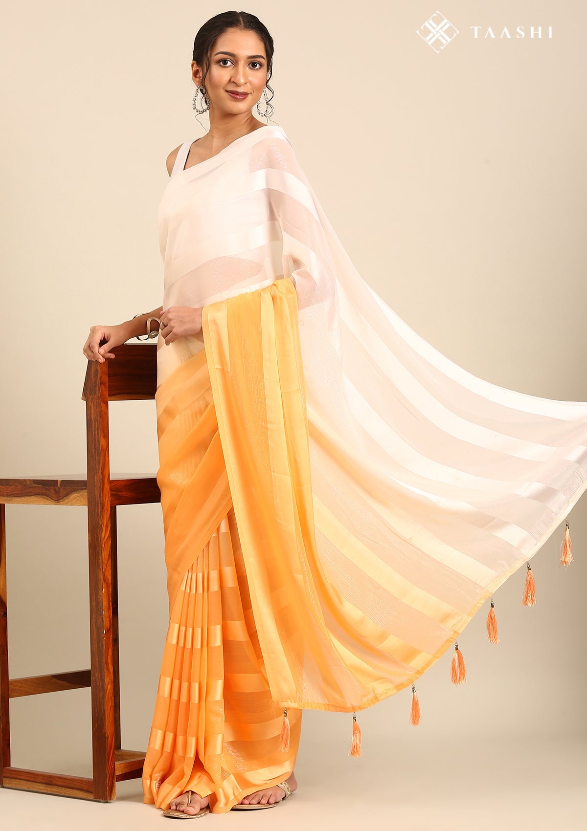 Pastel Orange Ombre Metallic Zari Striped Chiffon Saree