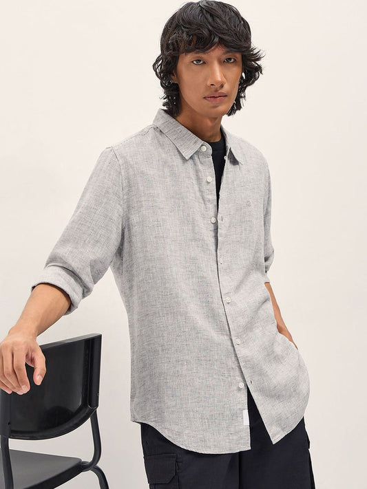 Spread Collar Slim Fit Cotton Linen Casual Shirt