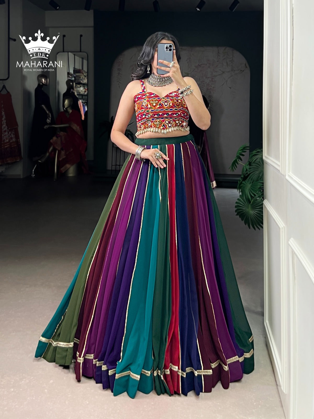 Multicoloured Mirror With Lace Work Georgette Lehenga for Navratri/Garba (adjustable blouse size S - L)