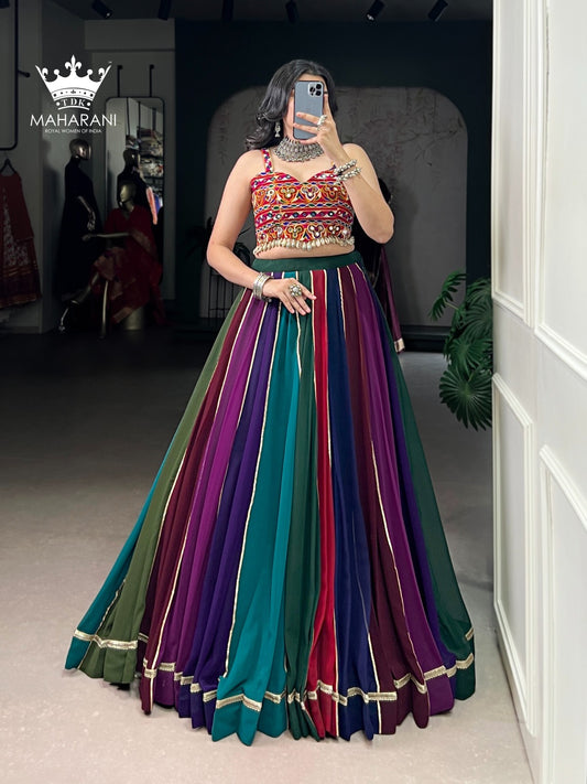 Multicoloured Mirror With Lace Work Georgette Lehenga for Navratri/Garba (adjustable blouse size S - L)