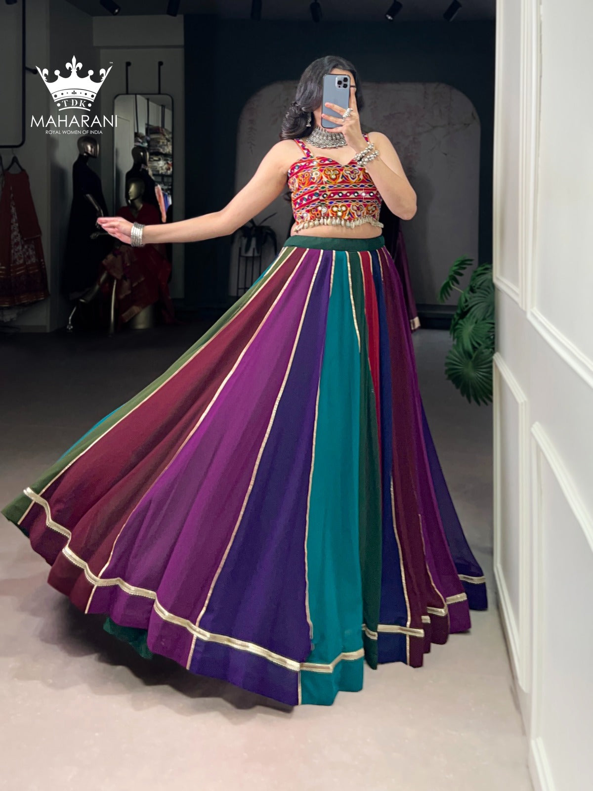 Multicoloured Mirror With Lace Work Georgette Lehenga for Navratri/Garba (adjustable blouse size S - L)