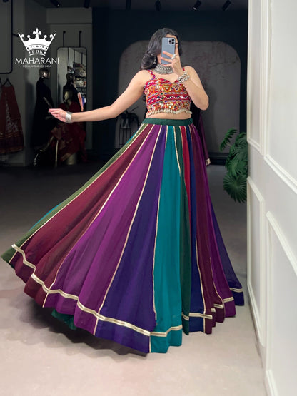 Multicoloured Mirror With Lace Work Georgette Lehenga for Navratri/Garba (adjustable blouse size S - L)