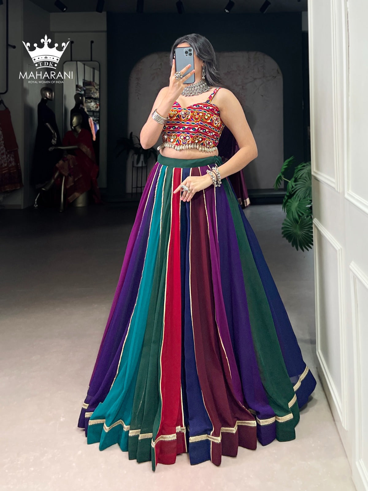 Multicoloured Mirror With Lace Work Georgette Lehenga for Navratri/Garba (adjustable blouse size S - L)