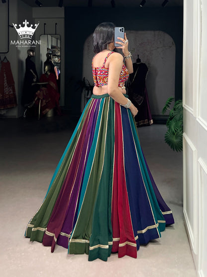 Multicoloured Mirror With Lace Work Georgette Lehenga for Navratri/Garba (adjustable blouse size S - L)