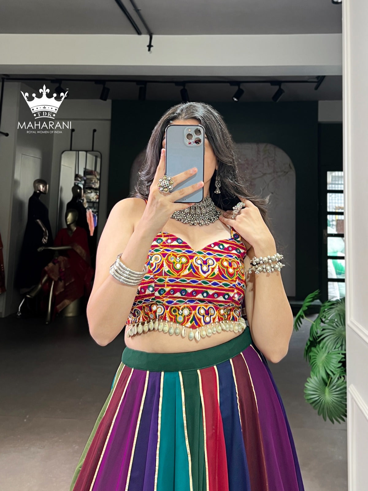 Multicoloured Mirror With Lace Work Georgette Lehenga for Navratri/Garba (adjustable blouse size S - L)