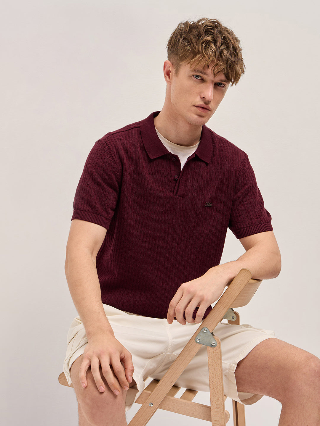 Maroon Ribbed Texture Design Slim Fit Polo