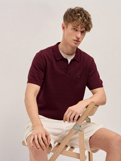 Maroon Ribbed Texture Design Slim Fit Polo