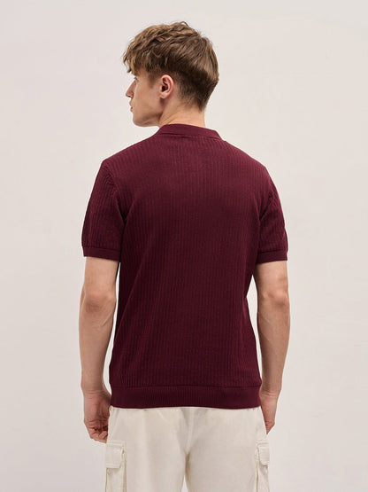Maroon Ribbed Texture Design Slim Fit Polo