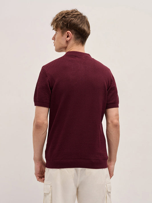 Maroon Ribbed Texture Design Slim Fit Polo