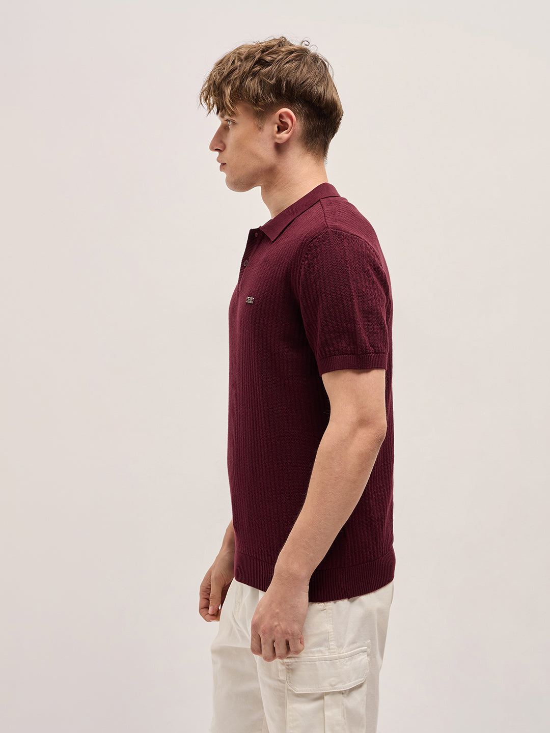 Maroon Ribbed Texture Design Slim Fit Polo