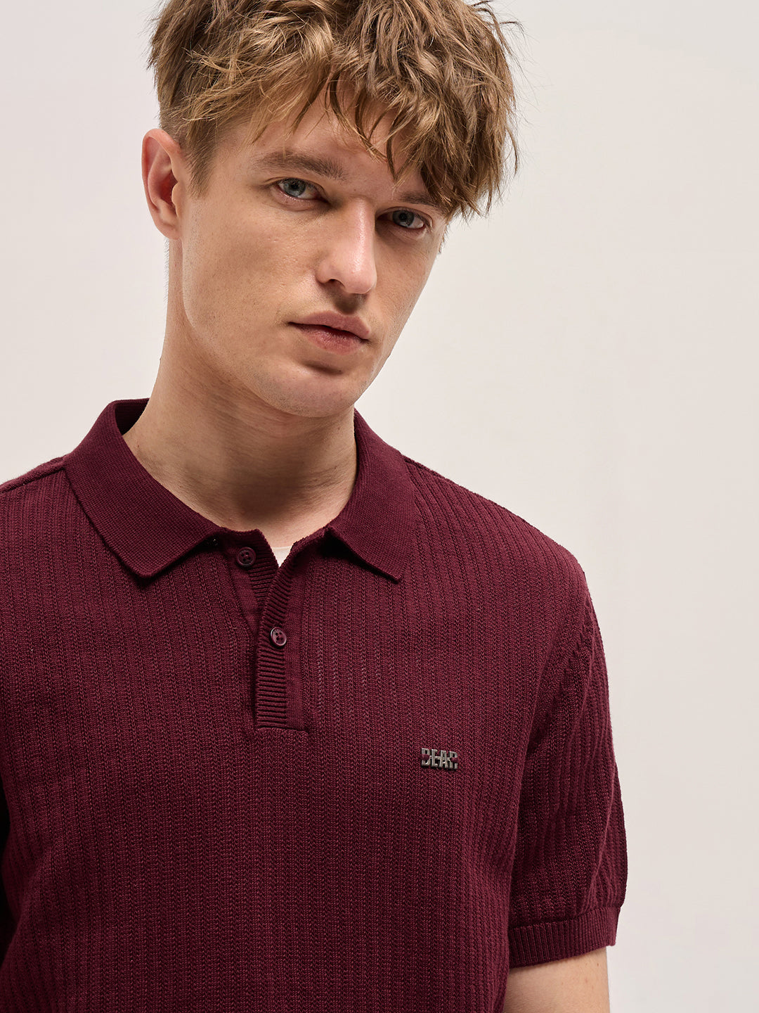 Maroon Ribbed Texture Design Slim Fit Polo