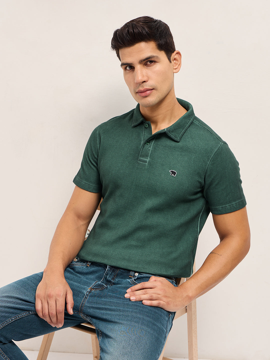Green Textured Knit Slim Fit Polo