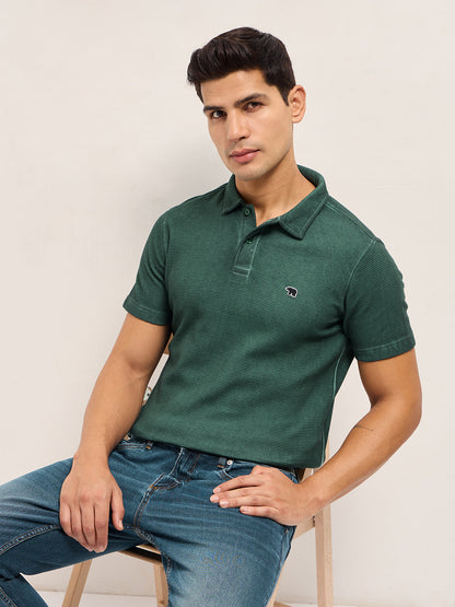 Green Textured Knit Slim Fit Polo