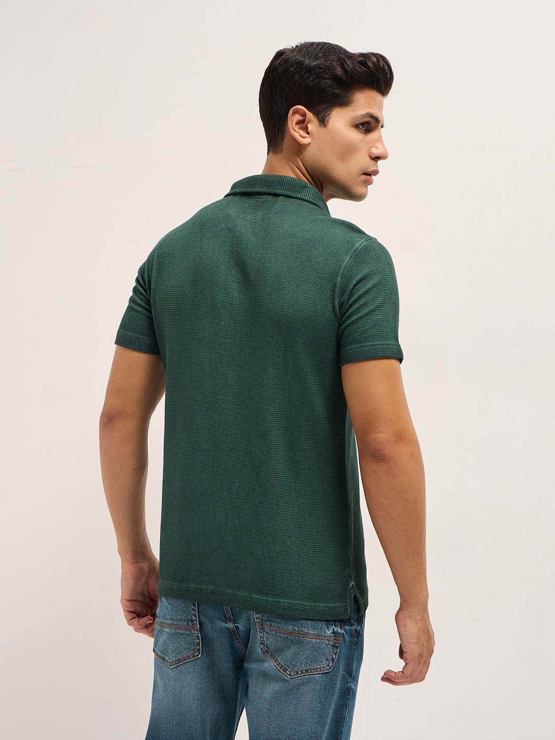 Green Textured Knit Slim Fit Polo