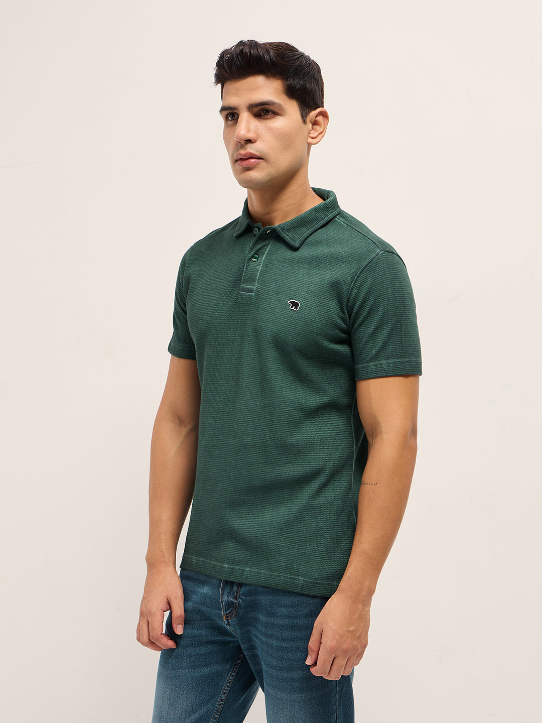 Green Textured Knit Slim Fit Polo