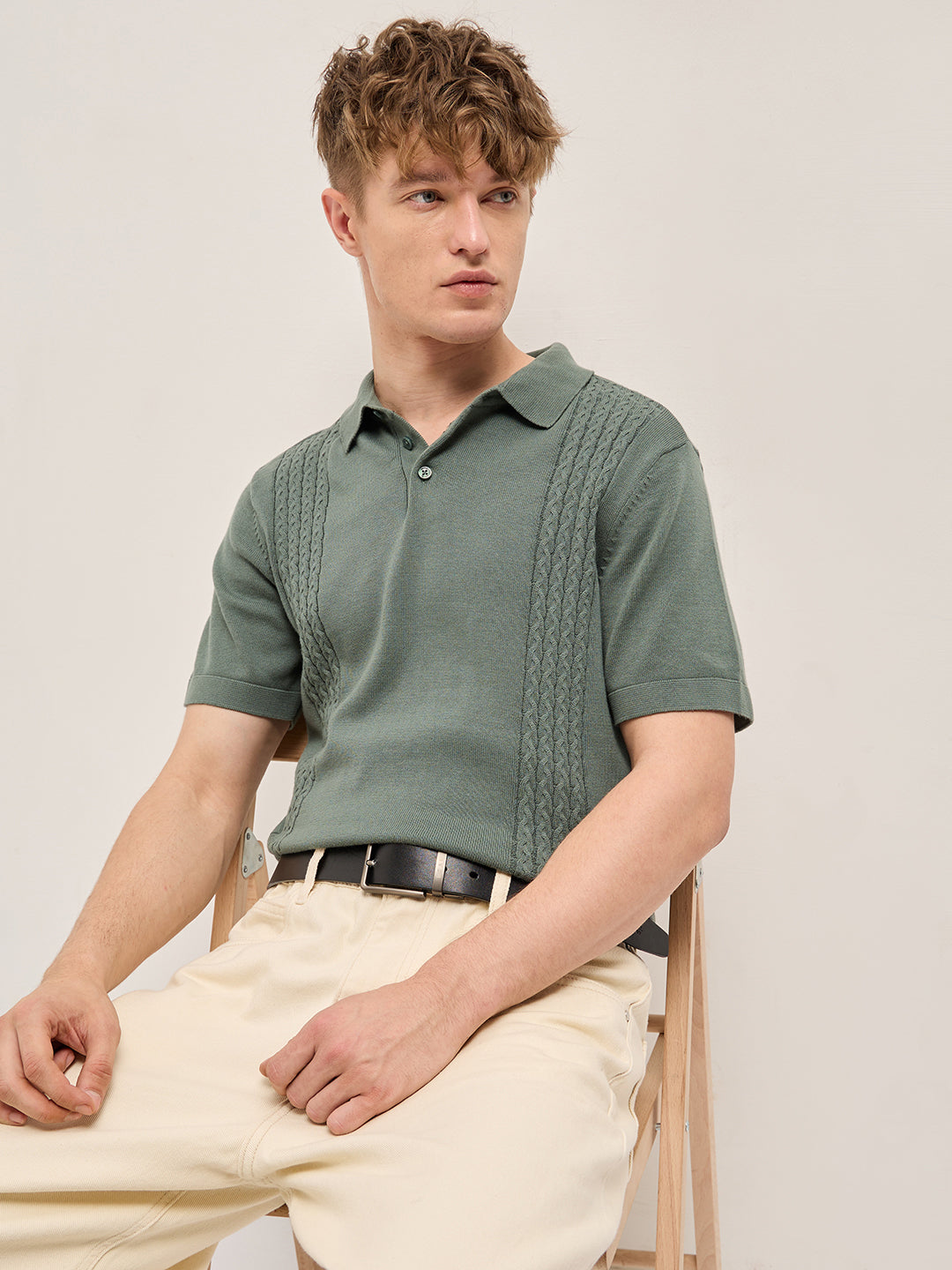 Grey Cable Knit Texture Design Slim Fit Polo