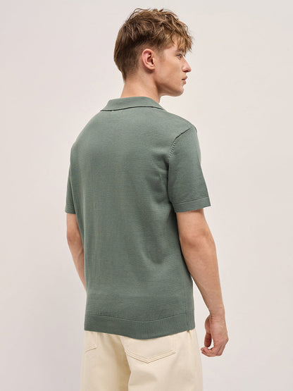 Grey Cable Knit Texture Design Slim Fit Polo