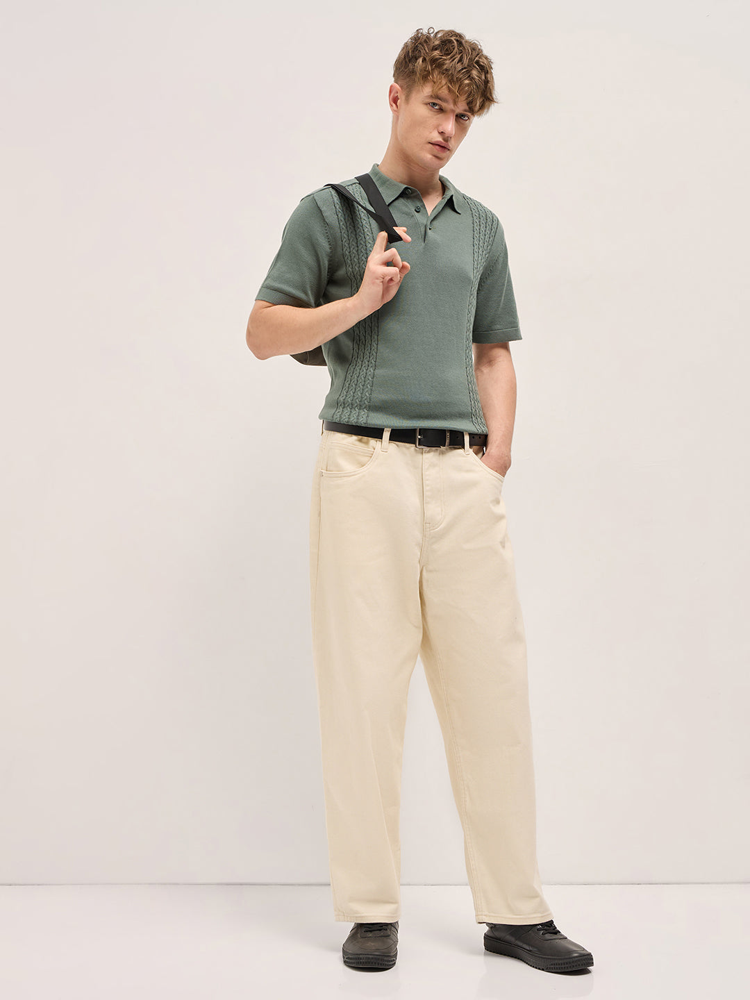 Grey Cable Knit Texture Design Slim Fit Polo