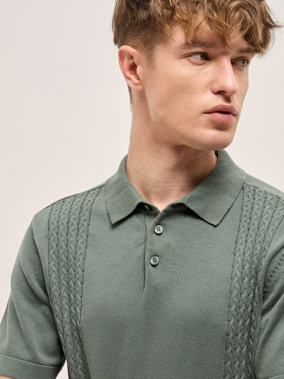 Grey Cable Knit Texture Design Slim Fit Polo