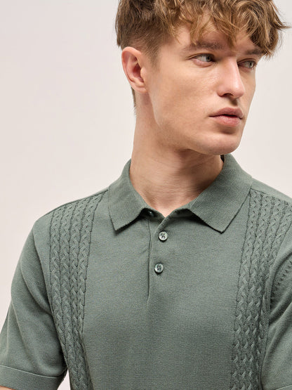 Grey Cable Knit Texture Design Slim Fit Polo