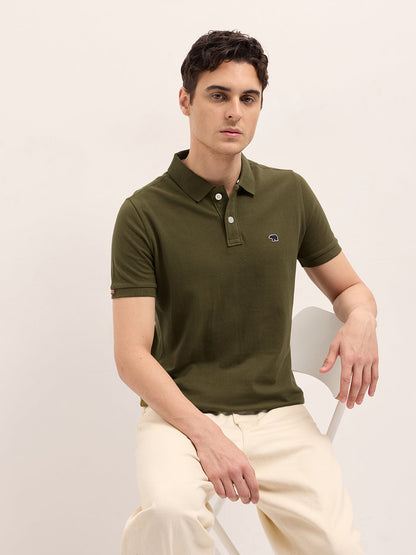 Dark Green Solid Regular Fit Polo with Embroidered Chest Logo