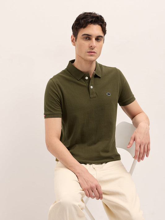 Dark Green Solid Regular Fit Polo with Embroidered Chest Logo