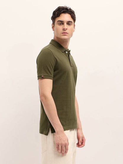 Dark Green Solid Regular Fit Polo with Embroidered Chest Logo