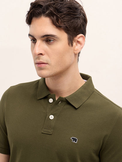 Dark Green Solid Regular Fit Polo with Embroidered Chest Logo