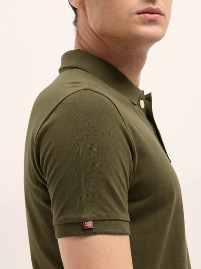 Dark Green Solid Regular Fit Polo with Embroidered Chest Logo
