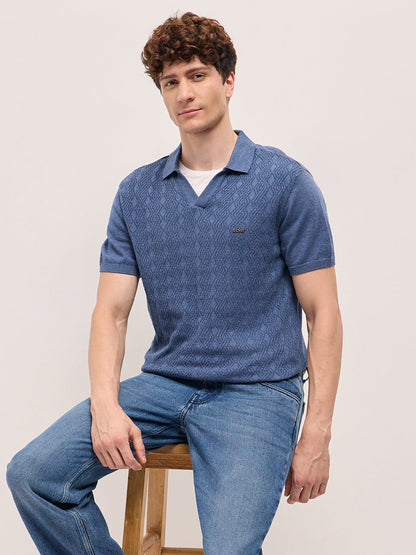Blue Geometric textured Knit Slim Fit Polo