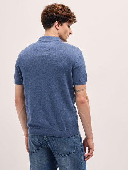 Blue Geometric textured Knit Slim Fit Polo