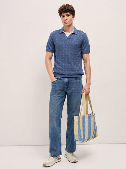 Blue Geometric textured Knit Slim Fit Polo