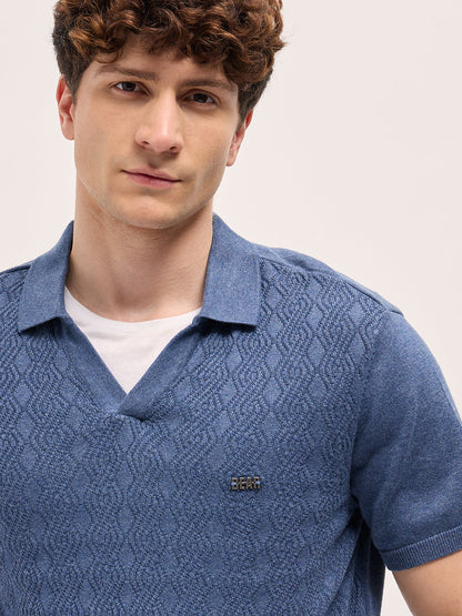 Blue Geometric textured Knit Slim Fit Polo