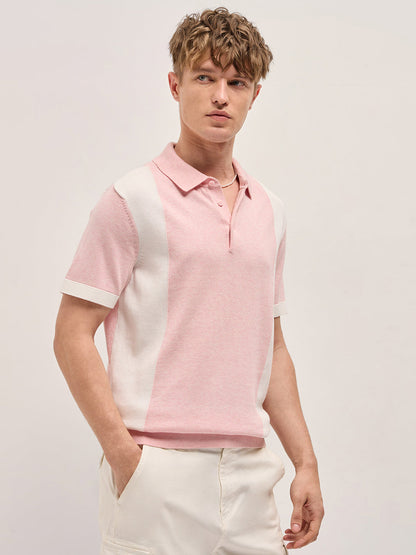 Pink & White Color Block Knit Design Regular Fit Polo