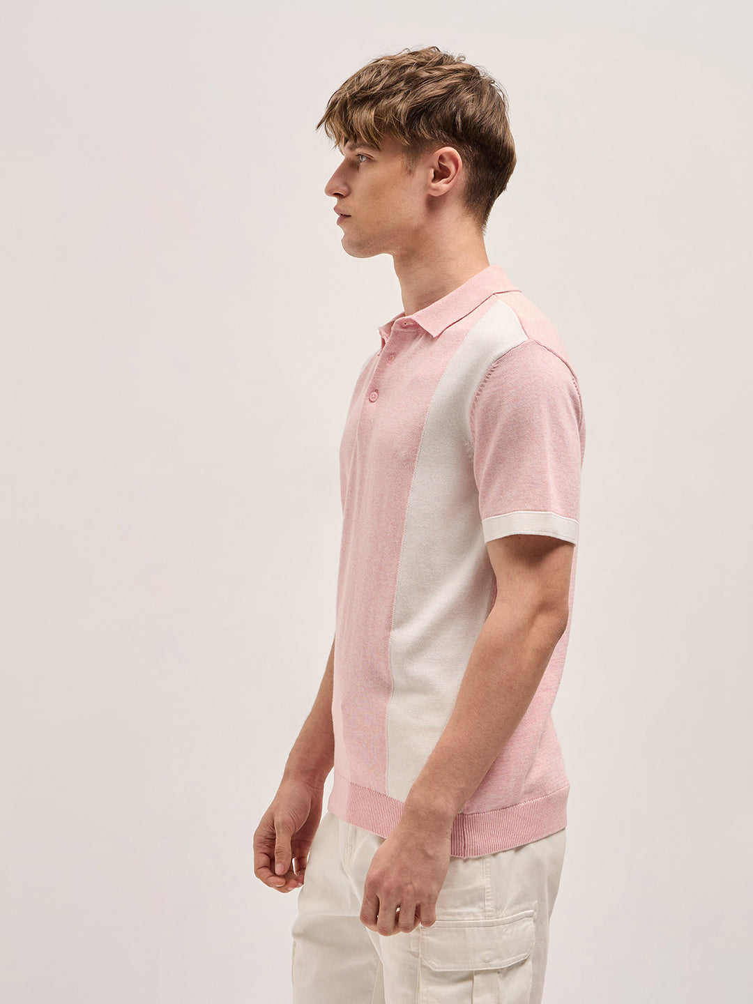 Pink & White Color Block Knit Design Regular Fit Polo