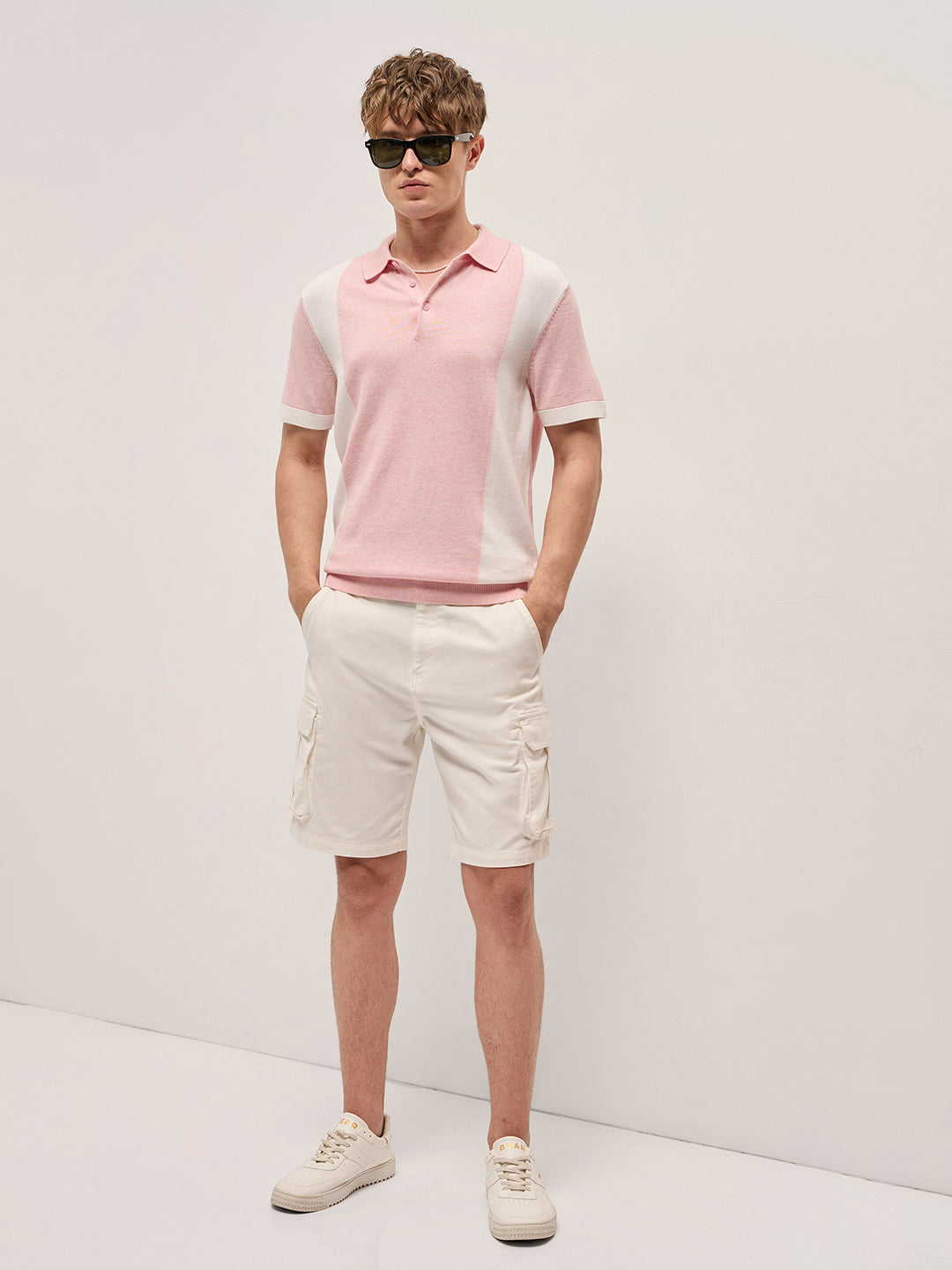 Pink & White Color Block Knit Design Regular Fit Polo