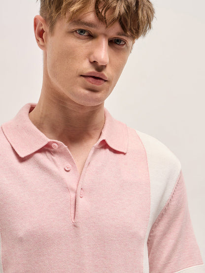Pink & White Color Block Knit Design Regular Fit Polo