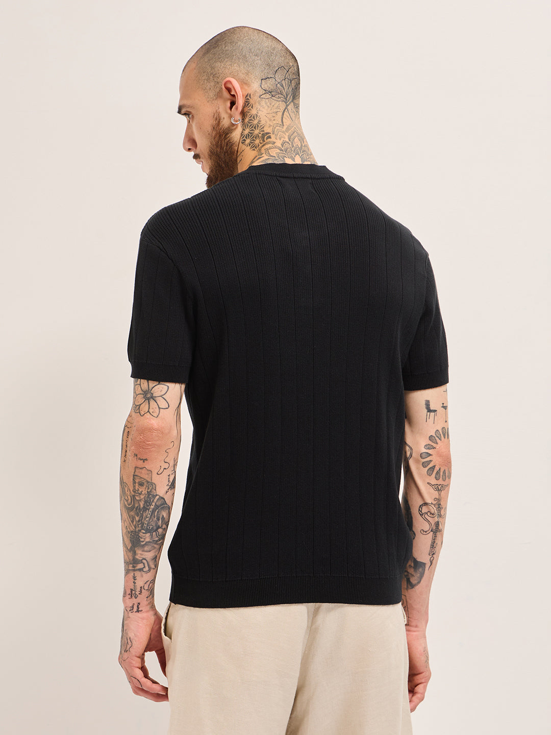 Black Textured Knit Striped Design Regular Fit Henley Neck T-Shirt