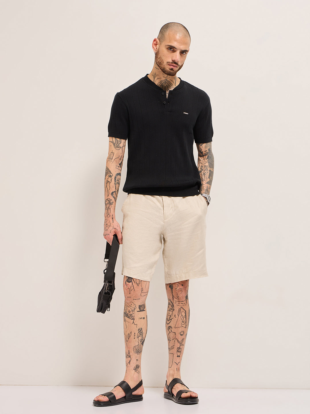 Black Textured Knit Striped Design Regular Fit Henley Neck T-Shirt