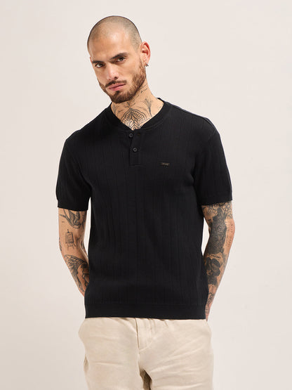 Black Textured Knit Striped Design Regular Fit Henley Neck T-Shirt