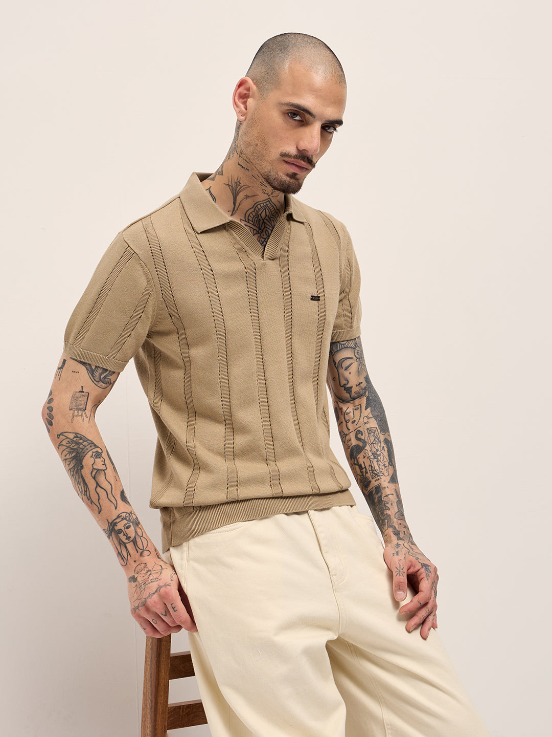 Beige Textured vertical knit stripes Slim Fit Polo