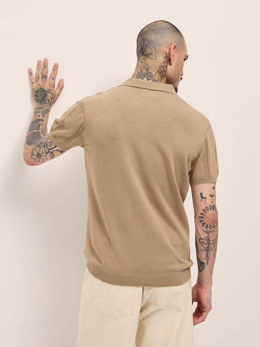 Beige Textured vertical knit stripes Slim Fit Polo