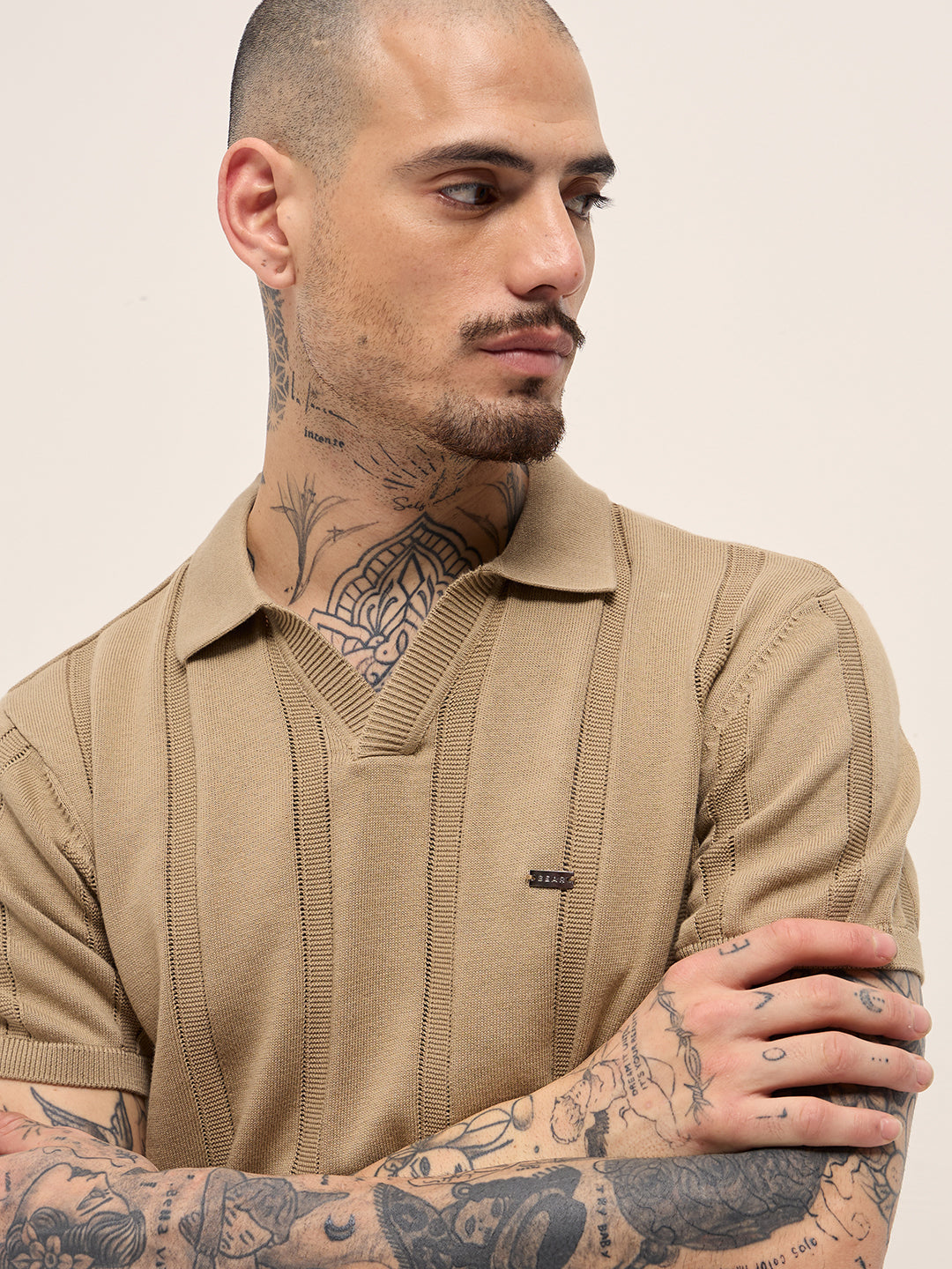 Beige Textured vertical knit stripes Slim Fit Polo