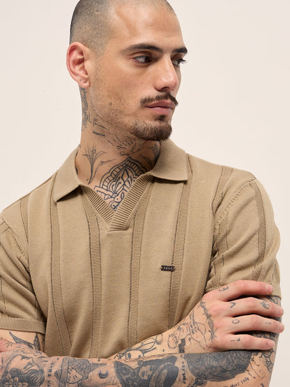 Beige Textured vertical knit stripes Slim Fit Polo