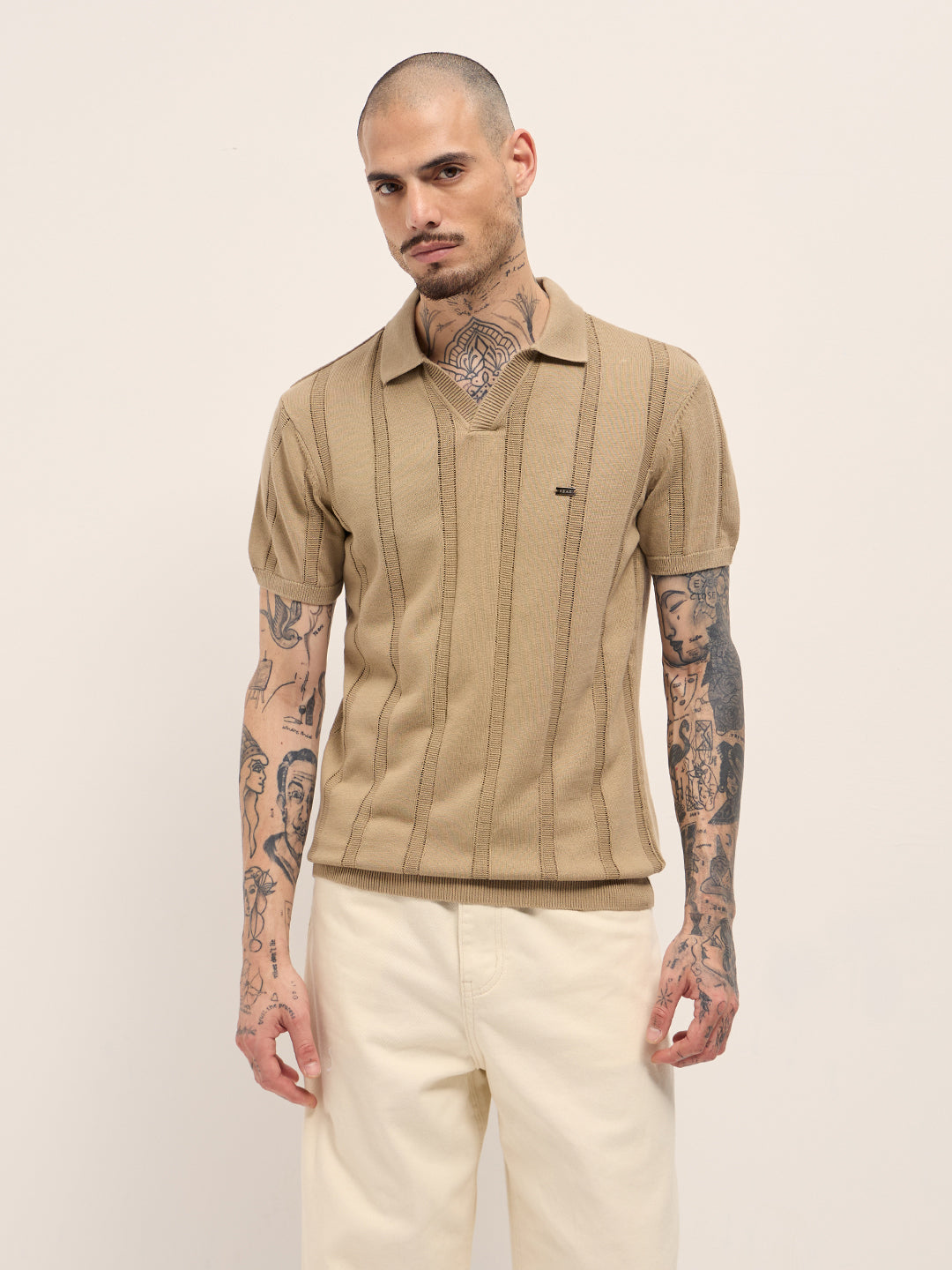Beige Textured vertical knit stripes Slim Fit Polo