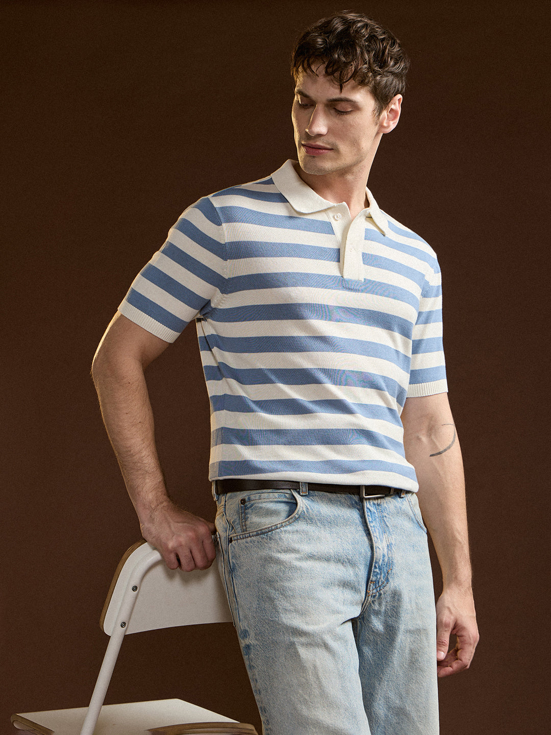 Sky Blue & White Horizontal stripes Design Slim Fit Polo