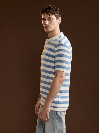 Sky Blue & White Horizontal stripes Design Slim Fit Polo