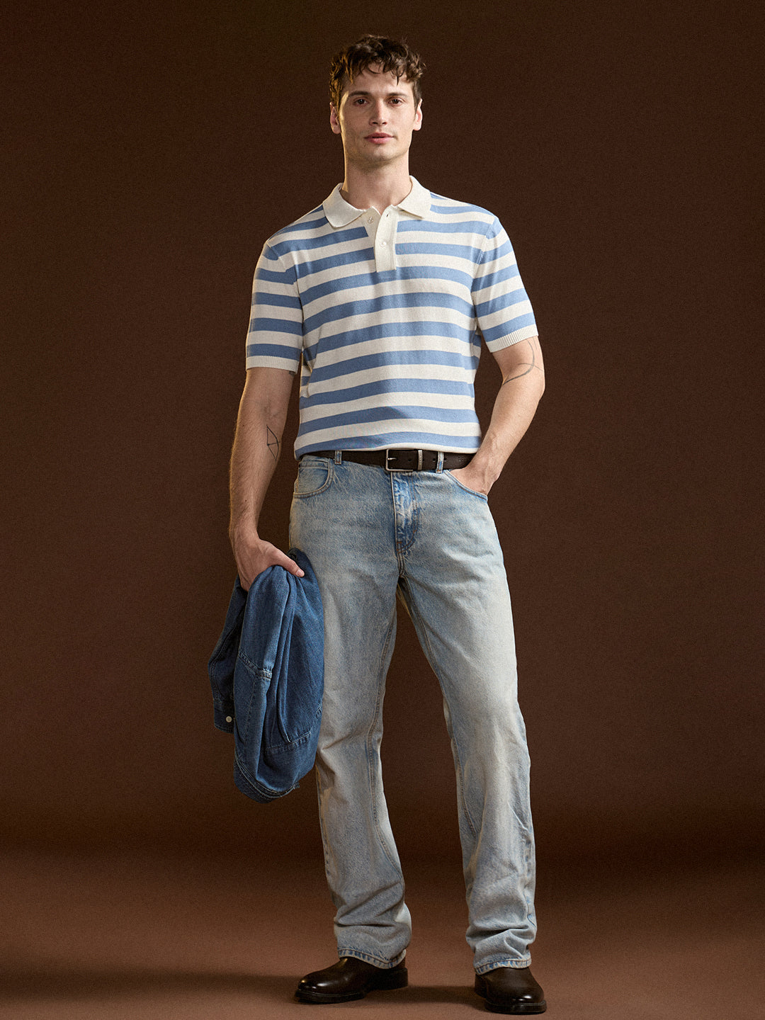 Sky Blue & White Horizontal stripes Design Slim Fit Polo