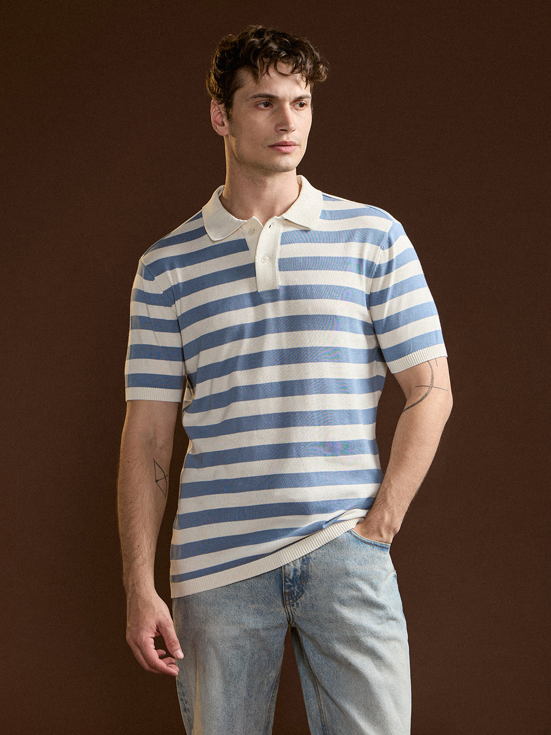 Sky Blue & White Horizontal stripes Design Slim Fit Polo