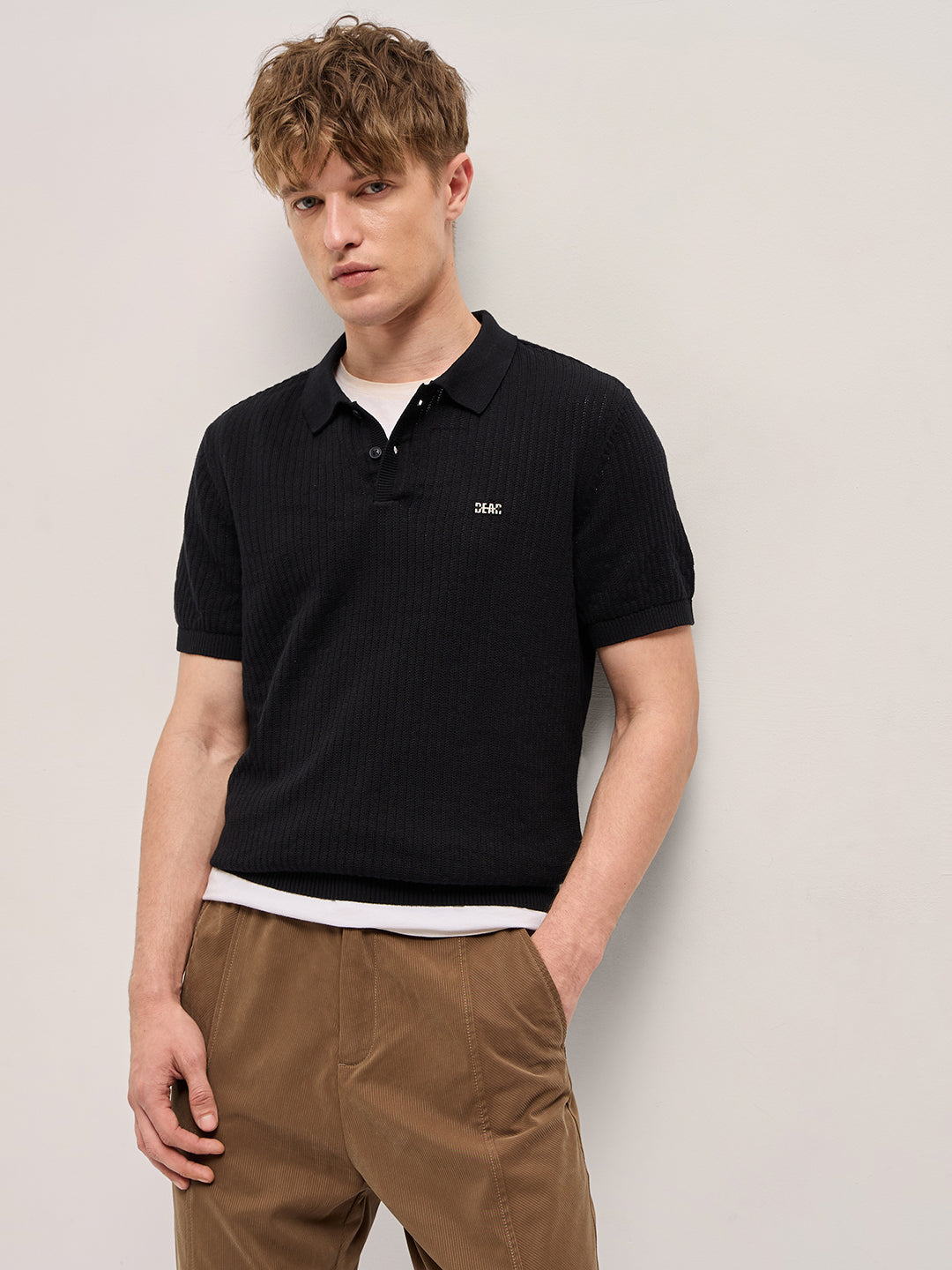 Black Ribbed Texture Design Slim Fit Polo